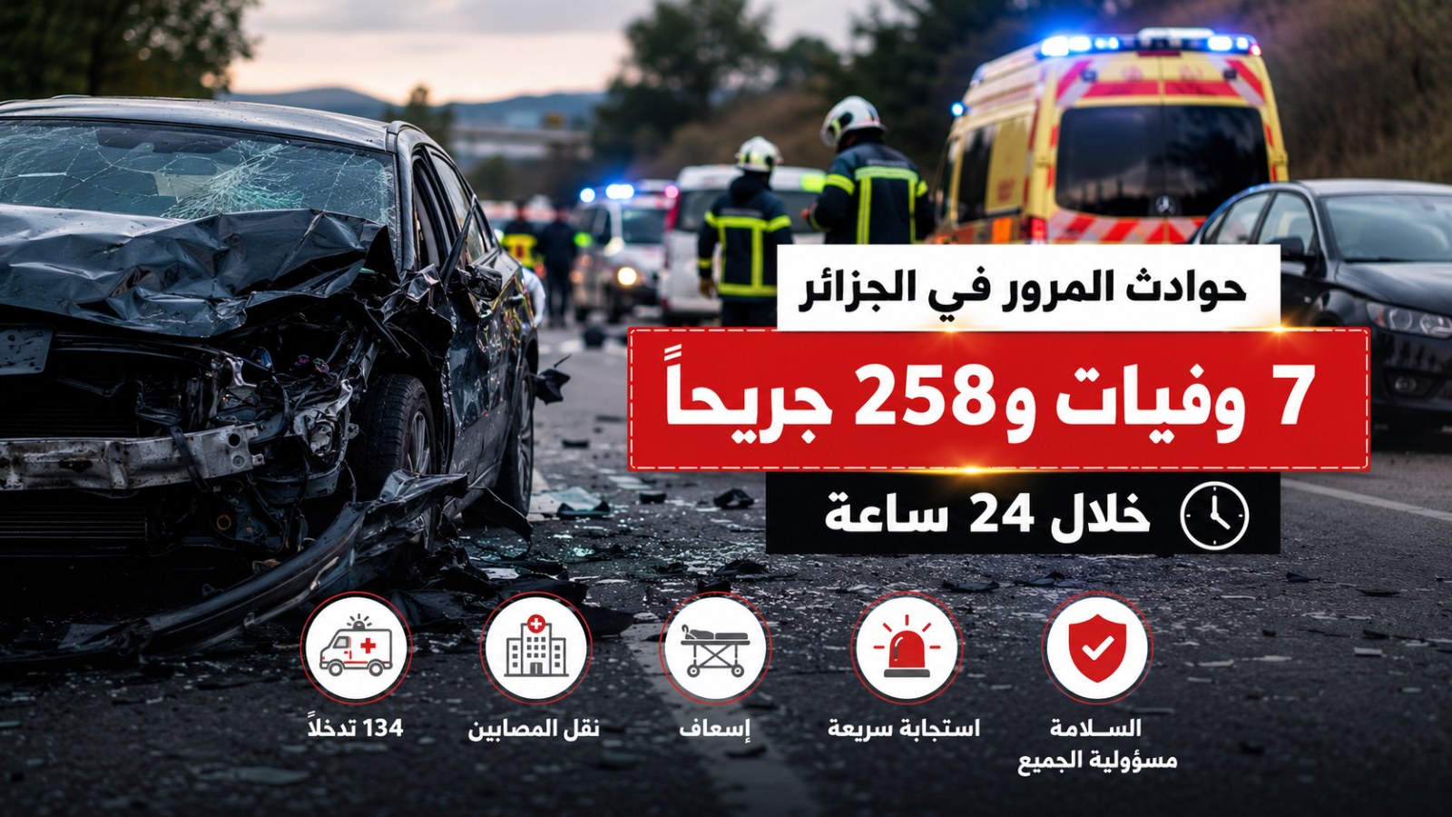 حوادث المرور تحصد 7 أرواح وتصيب 258 شخصًا خلال 24 ساعة في الجزائر