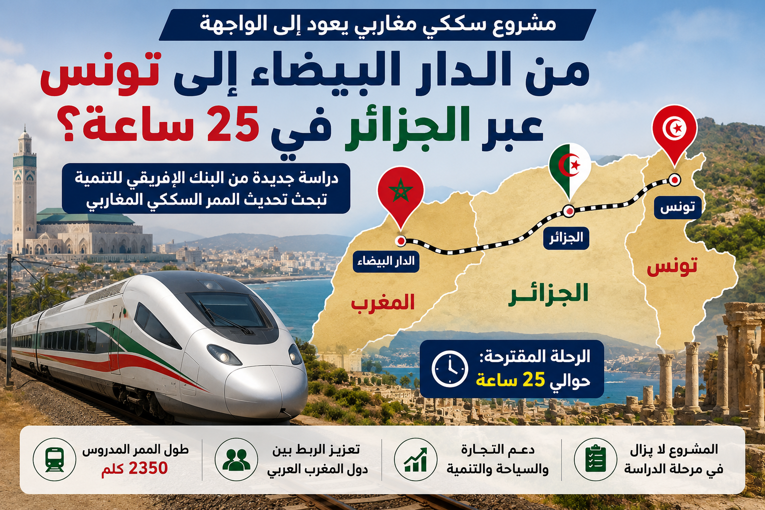 من الدار البيضاء إلى تونس عبر الجزائر في 25 ساعة؟ مشروع قطار مغاربي يعود إلى الواجهة