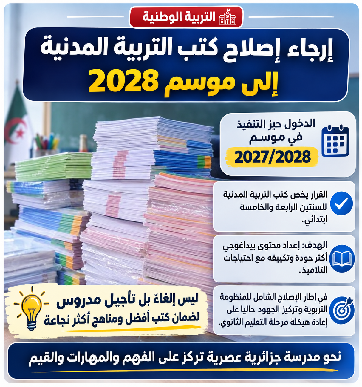 إرجاء إصلاح كتب التربية المدنية إلى موسم 2028.. تأجيل لإتقان الإصلاح وليس إلغاءً له